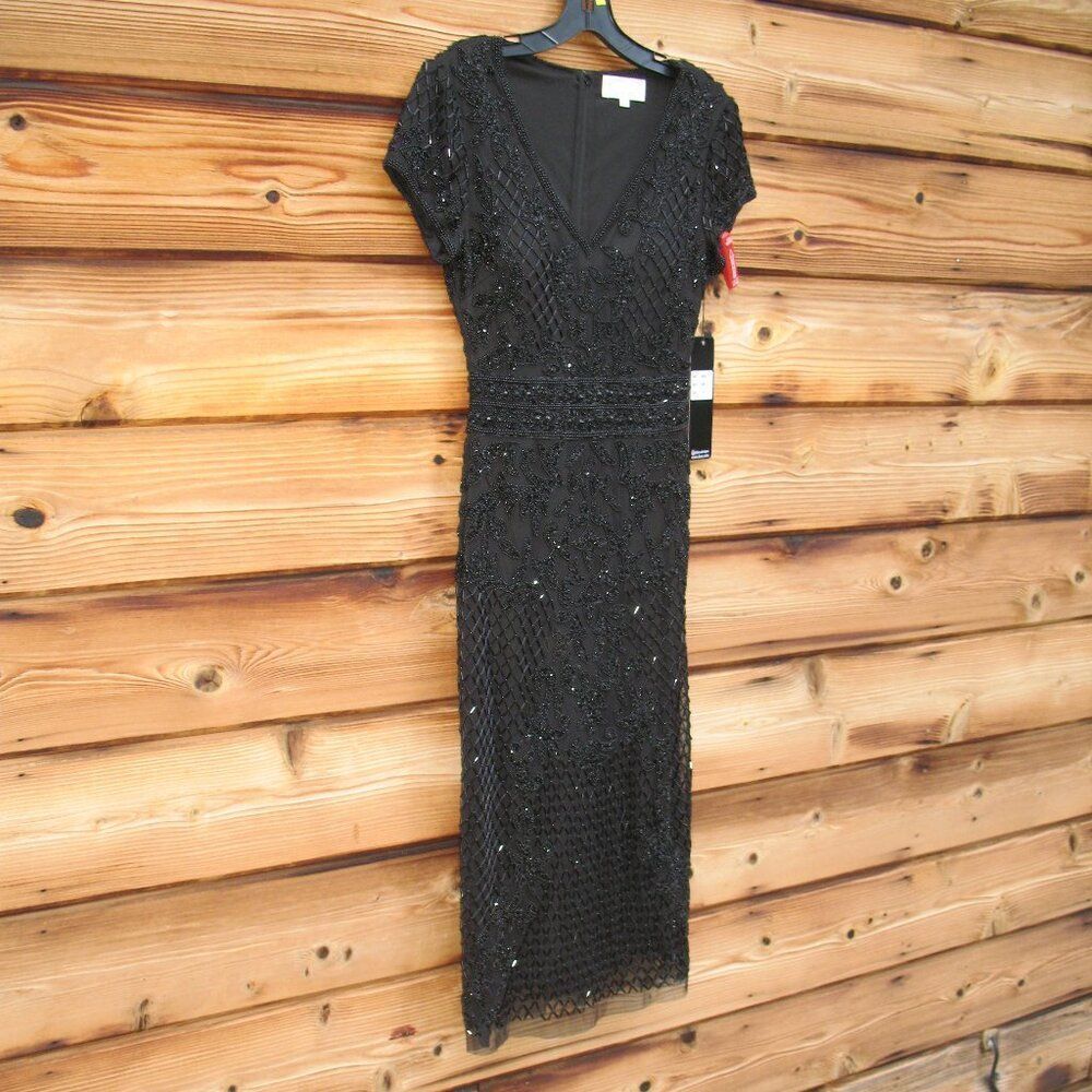 NWT LARA 29225 Black Size 4 Cap Sleeve Beaded Midi Dress - Picture 5 of 14